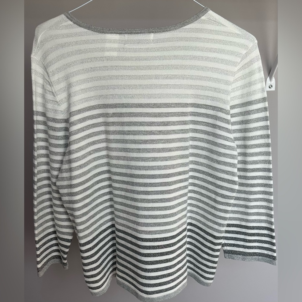 Alfred Dunner PXL 3/4 length metallic silver and white striped pullover top - Picture 2 of 7